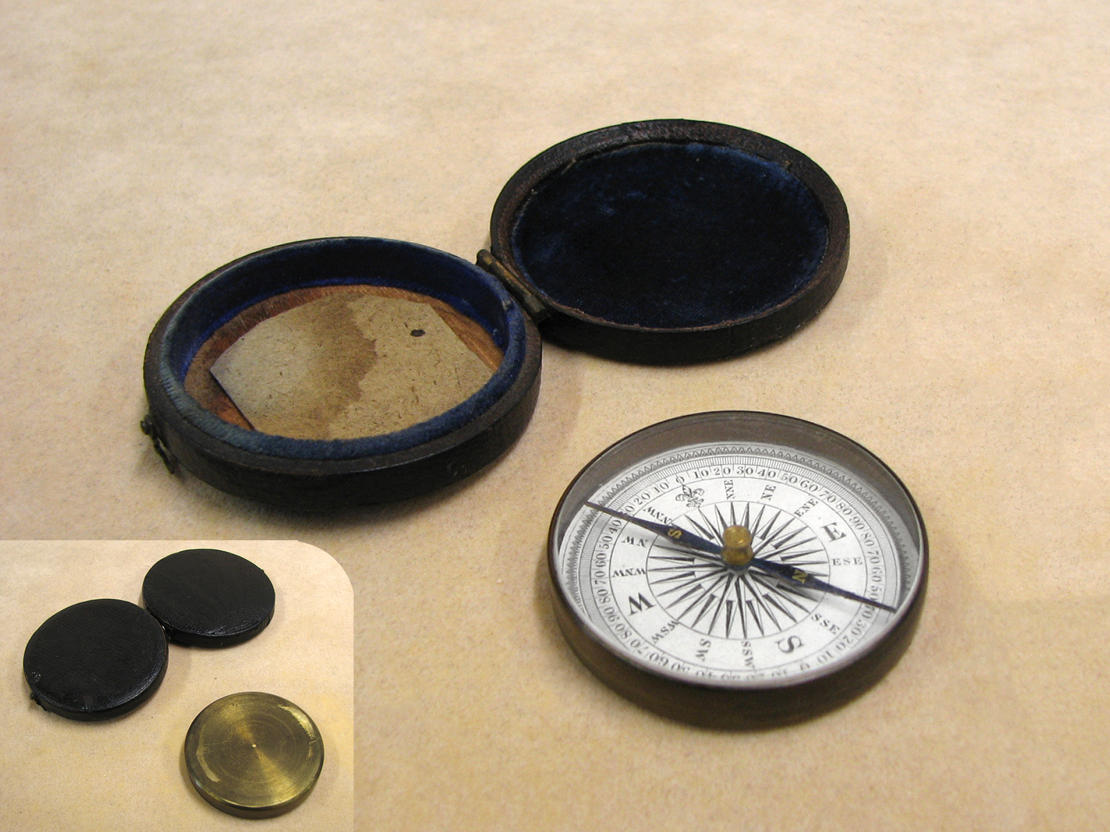 Early Victorian pocket compass in leather covered outer case circa 1860
